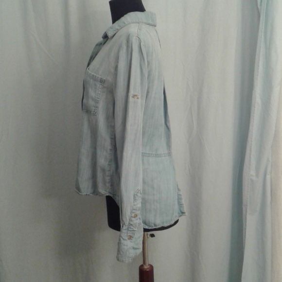 Elevenses XS Chambray button front shirt hi-low Tab Sleeves Pockets Blue Tencel - Picture 3 of 8